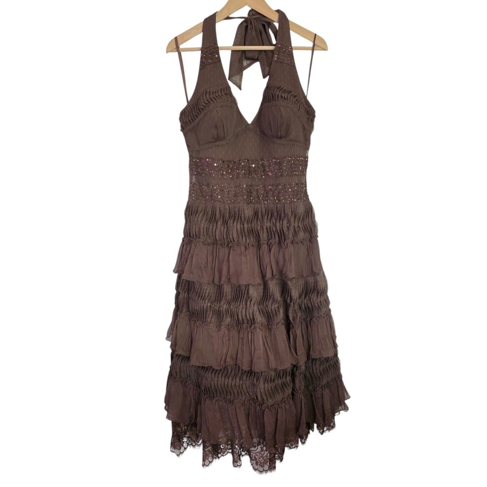 Y2K Eva Eva Brown Beaded Halter Formal Dress Fit Flare Ruffle Midi Large